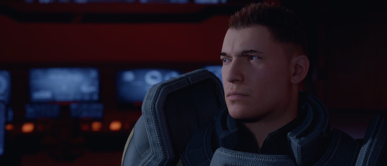 Close-up of a campaign character seated on a darkened ship bridge