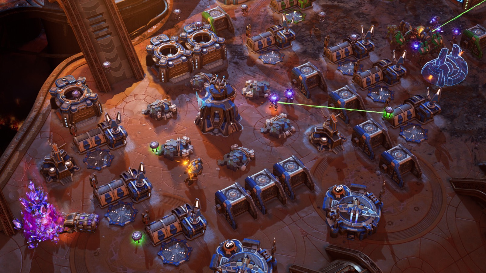 A dense sci-fi base laid out around a flux crystal formation
