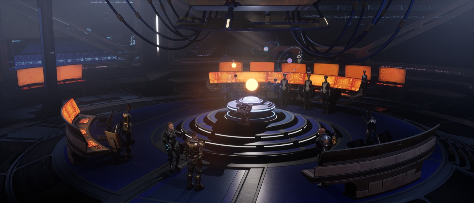 The mothership bridge, with crew stationed around a central holographic display