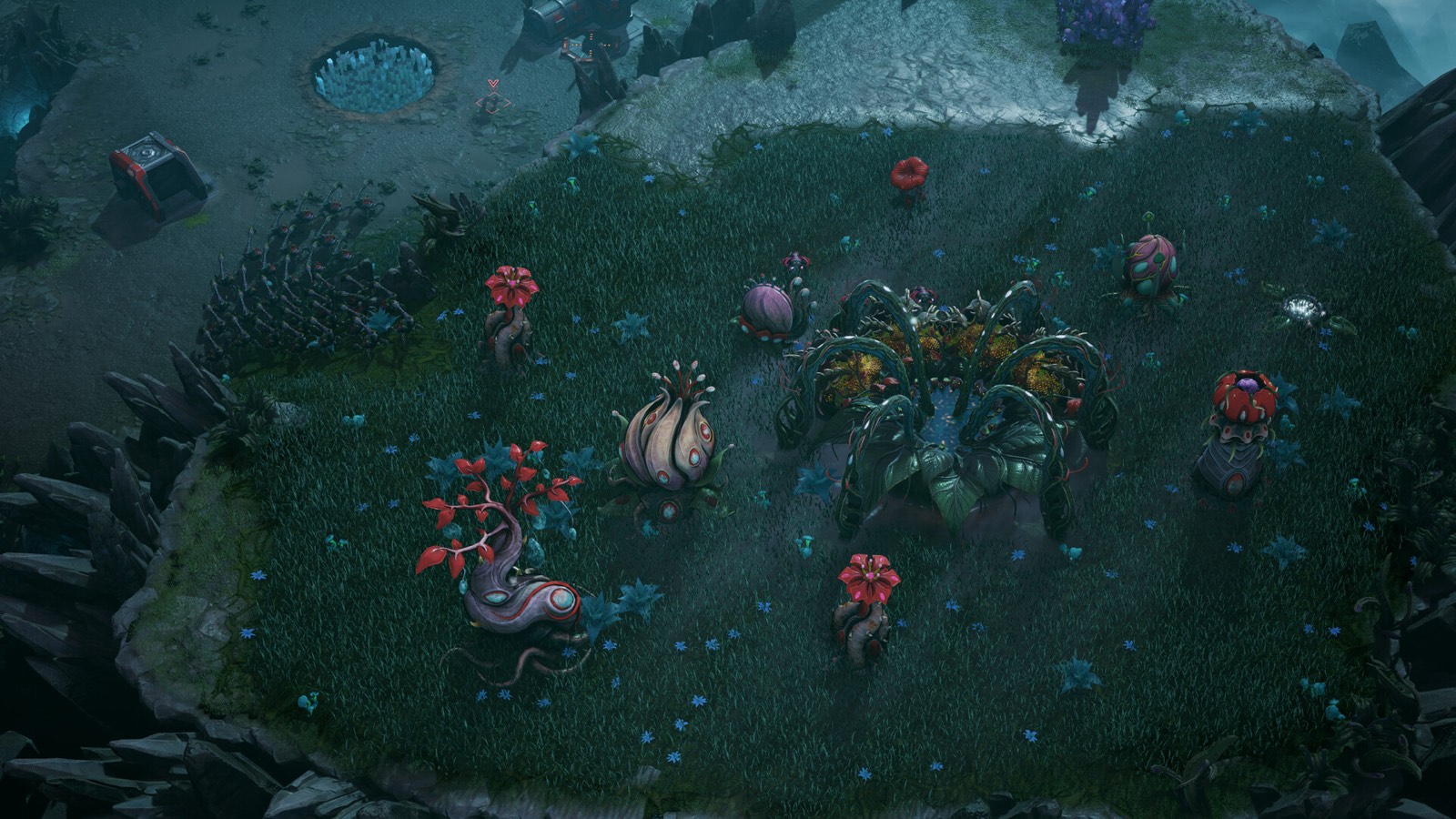 Grell biomass spreading across a field with plant-creature units massing on it