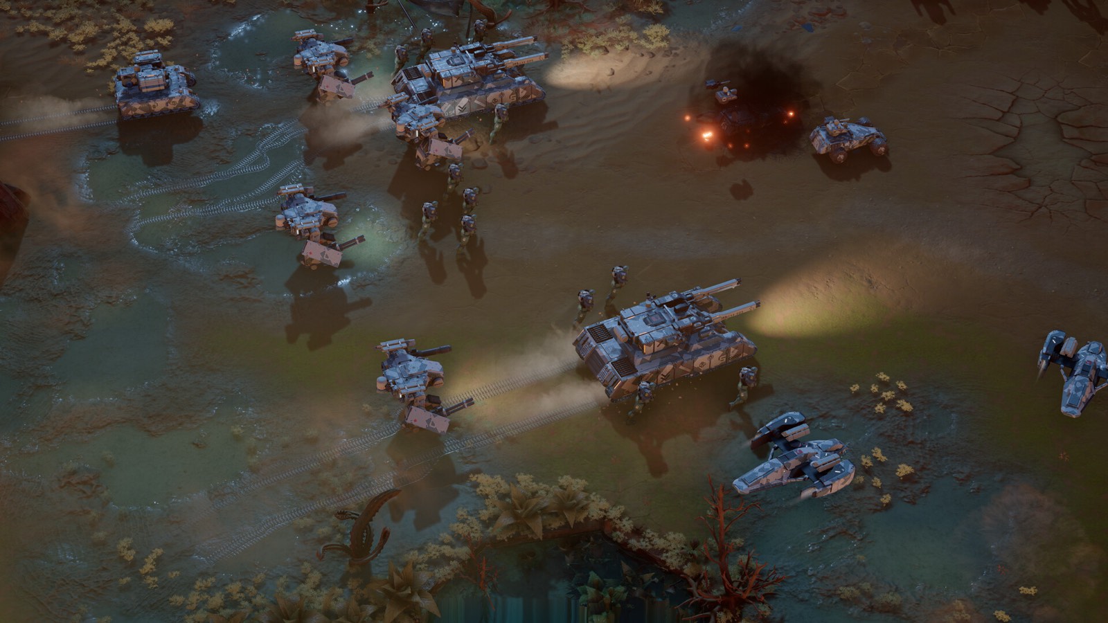 Protectorate armour column and walkers advancing across a shallow riverbed